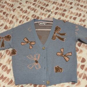 Celebrity Pink Blue Cardigan with Brown Bow Accents